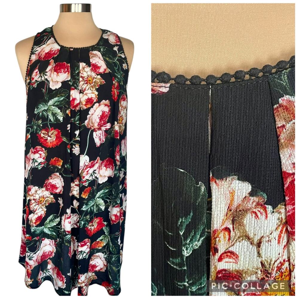 Umgee‎ Dark Floral Print Sleeveless Shift Dress Women MED Romantic Dark Fairy